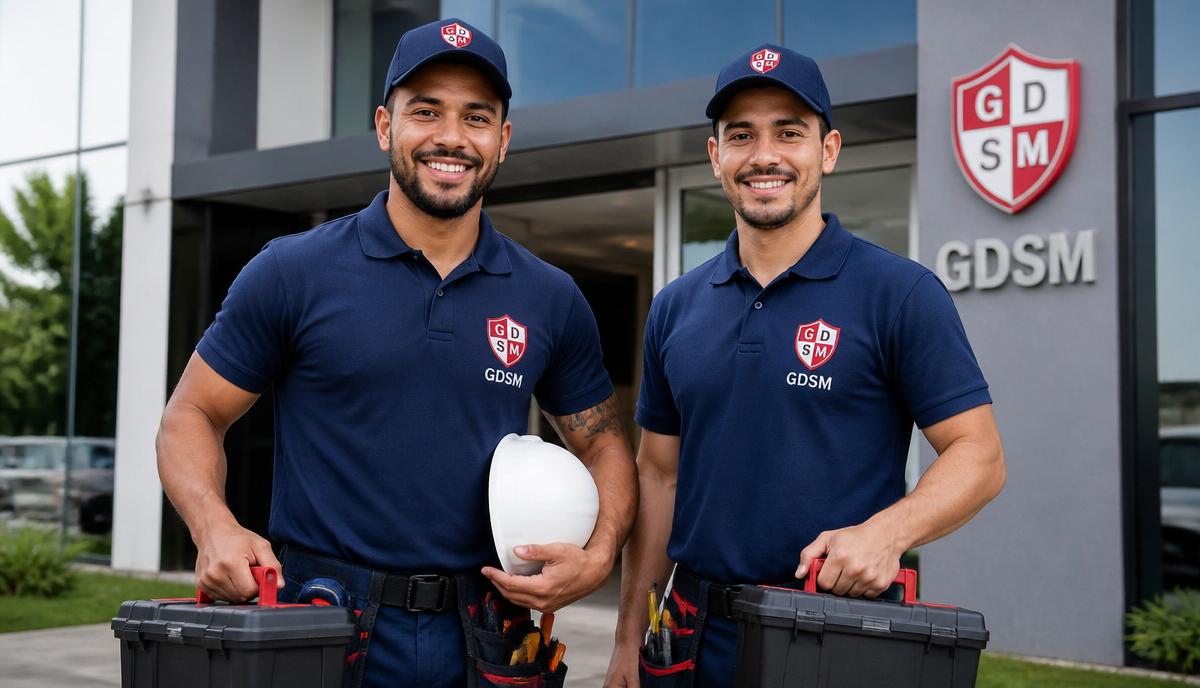 Técnicos da GDSM Serviços com uniformes estampados com o logo GDSM