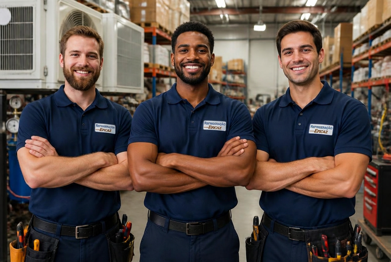 Equipe da Refrigeração Eficaz uniformizada com a logo da empresa