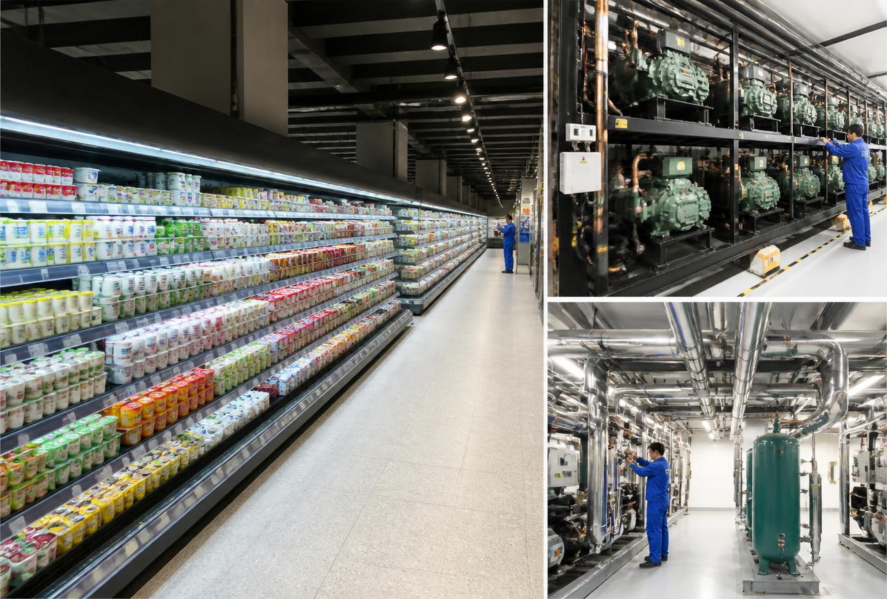 Obra de refrigeração comercial em supermercado com expositores e sala de máquinas