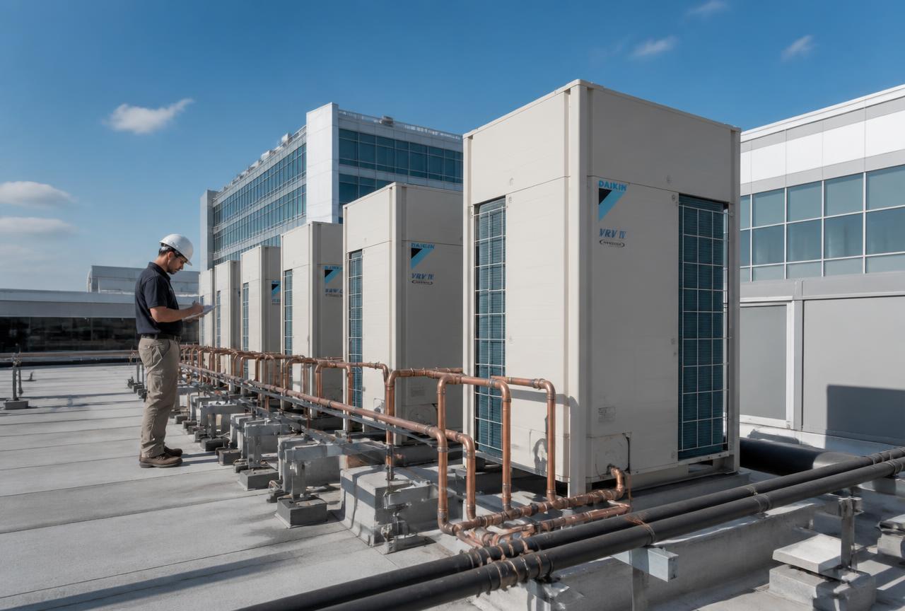 Obra de ar condicionado VRF com unidades condensadoras instaladas na cobertura